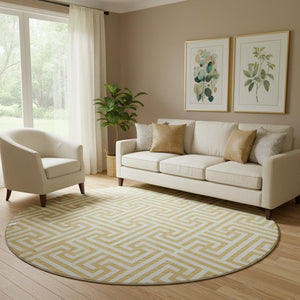 HomeRoots 8' Gold and Ivory Round Rug - Stylish, Washable, UV-Protected, Geometric Design for Busy Homes 661800