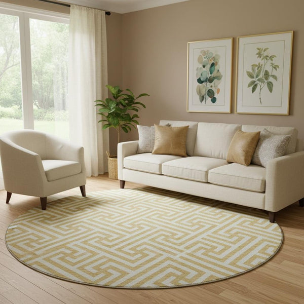 HomeRoots 8' Gold and Ivory Round Rug - Stylish, Washable, UV-Protected, Geometric Design for Busy Homes 661800