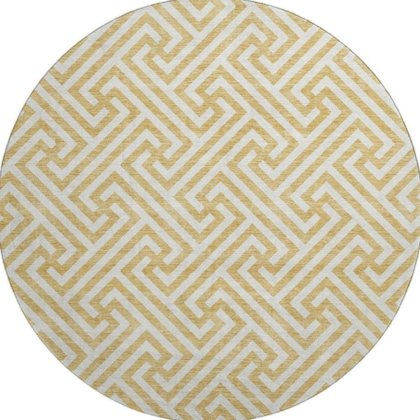 HomeRoots 8' Gold and Ivory Round Rug - Stylish, Washable, UV-Protected, Geometric Design for Busy Homes 661800