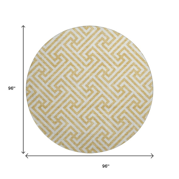 HomeRoots 8' Gold and Ivory Round Rug - Stylish, Washable, UV-Protected, Geometric Design for Busy Homes 661800