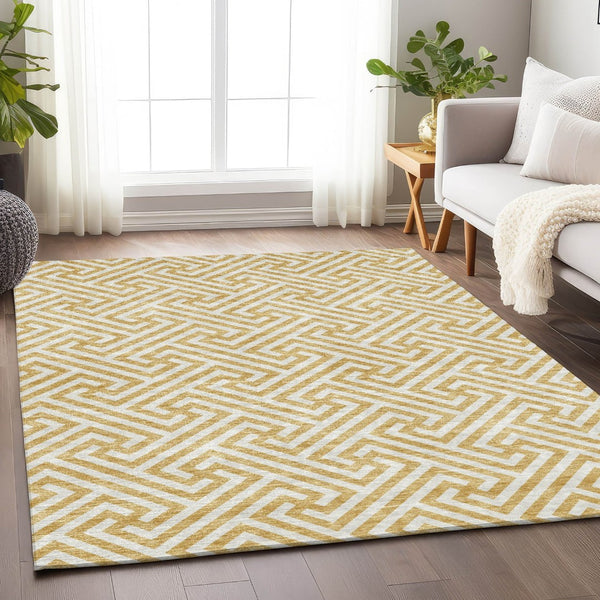 HomeRoots 8' X 10' Gold And Ivory Geometric Area Rug - Washable, UV Protected, Stylish for Homes with Kids & Pets 661801