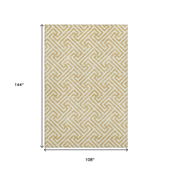 HomeRoots 9' X 12' Gold And Ivory Geometric Area Rug - Washable, UV-Protected, Perfect for Homes with Kids! 661802