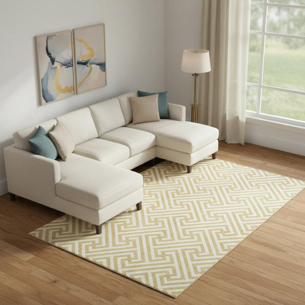 HomeRoots 9' X 12' Gold And Ivory Geometric Area Rug - Washable, UV-Protected, Perfect for Homes with Kids! 661802