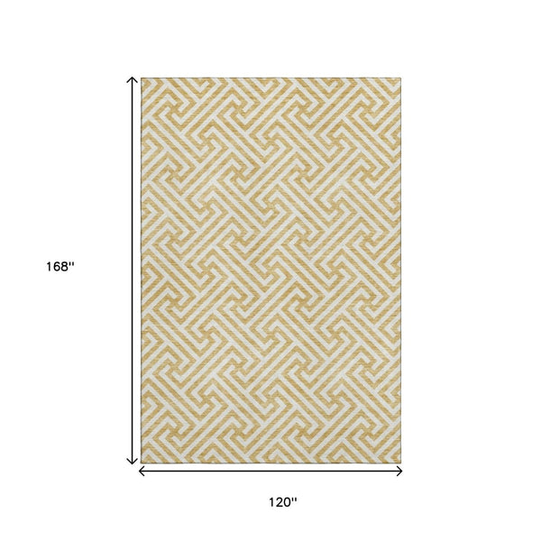 HomeRoots 10' X 14' Gold and Ivory Geometric Area Rug – Washable, Stain-Resistant, UV Protected for Stylish Living 661803