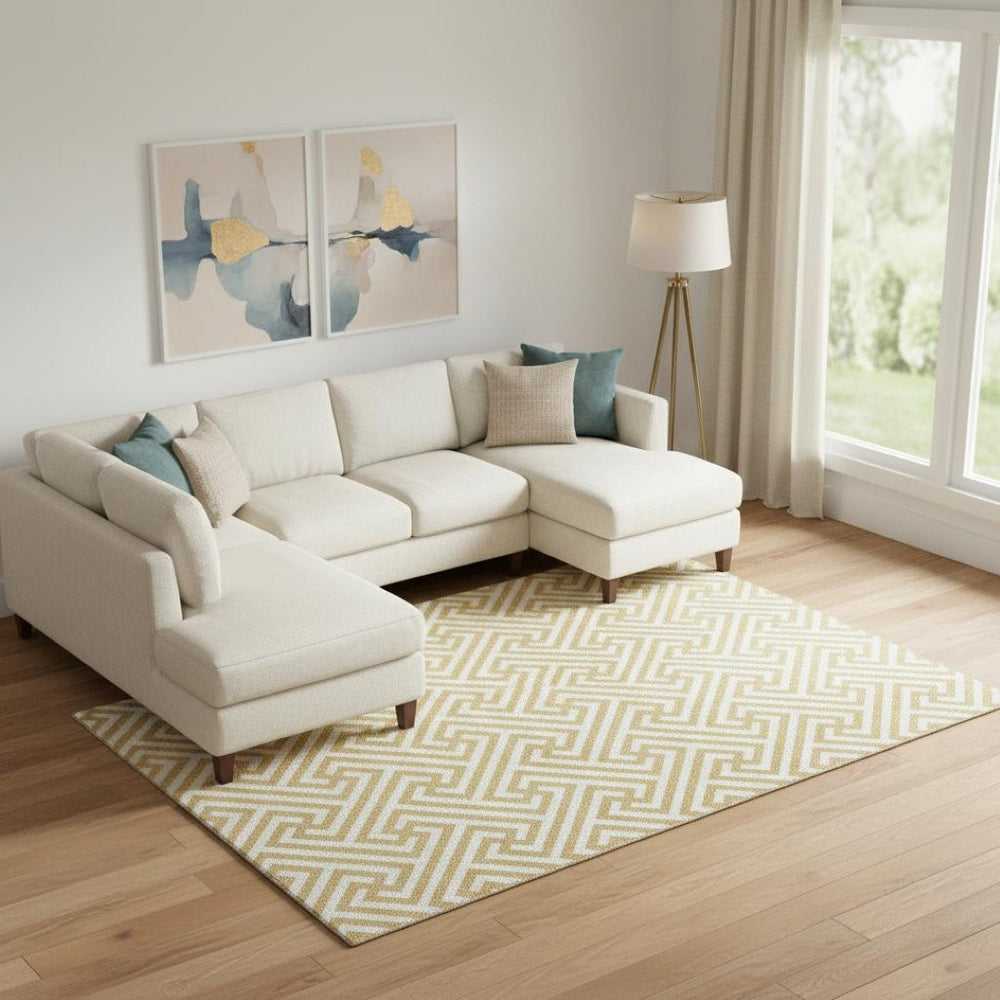 HomeRoots 10' X 14' Gold and Ivory Geometric Area Rug – Washable, Stain-Resistant, UV Protected for Stylish Living 661803