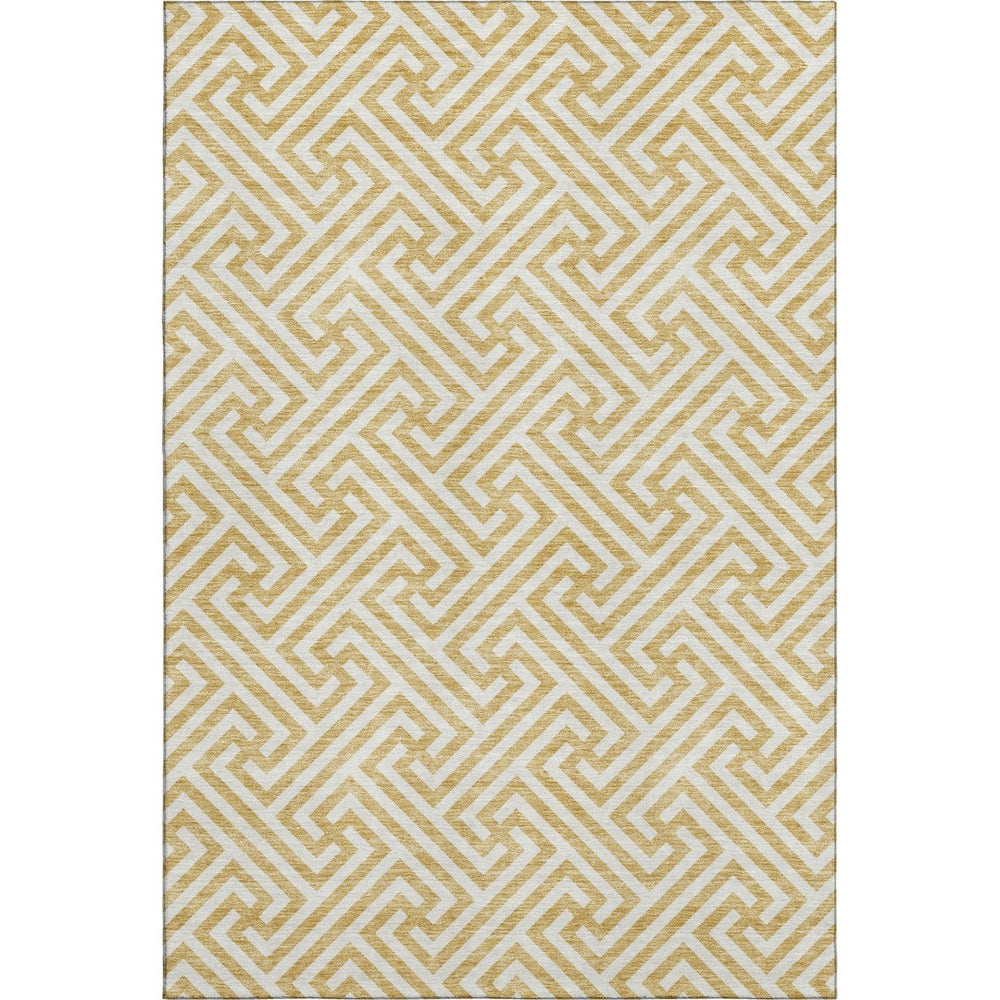 HomeRoots 10' X 14' Gold and Ivory Geometric Area Rug – Washable, Stain-Resistant, UV Protected for Stylish Living 661803