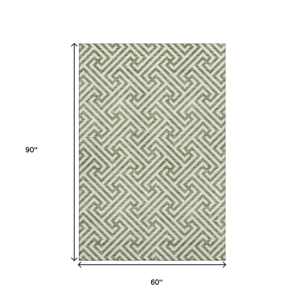 HomeRoots 5' X 8' Green and Beige Geometric Area Rug – Stylish, Washable, UV-Protected for Everyday Living 661805