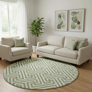 HomeRoots 8' Green and Beige Geometric Round Rug - Washable, Stain-Resistant, UV-Protected for Any Space! 661806