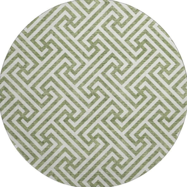 HomeRoots 8' Green and Beige Geometric Round Rug - Washable, Stain-Resistant, UV-Protected for Any Space! 661806