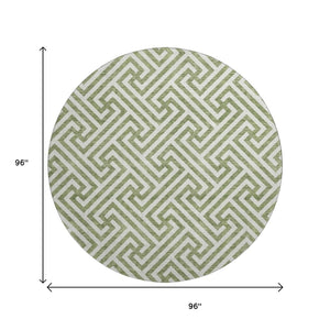 HomeRoots 8' Green and Beige Geometric Round Rug - Washable, Stain-Resistant, UV-Protected for Any Space! 661806