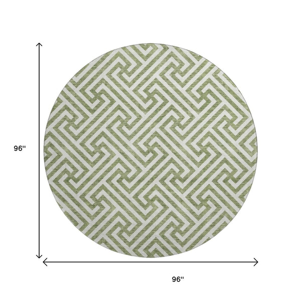 HomeRoots 8' Green and Beige Geometric Round Rug - Washable, Stain-Resistant, UV-Protected for Any Space! 661806