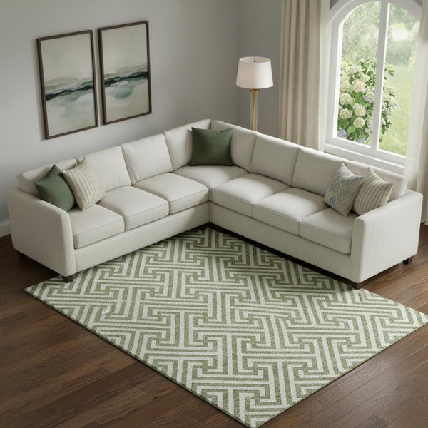 HomeRoots 8' X 10' Stylish Green and Beige Geometric Area Rug - Washable, UV Protected, Durable for Homes 661807