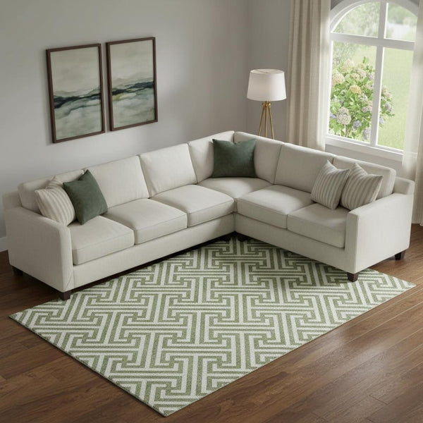 HomeRoots 9' X 12' Green & Beige Geometric Area Rug - Washable, Stain Resistant, UV Protected for Modern Spaces 661808