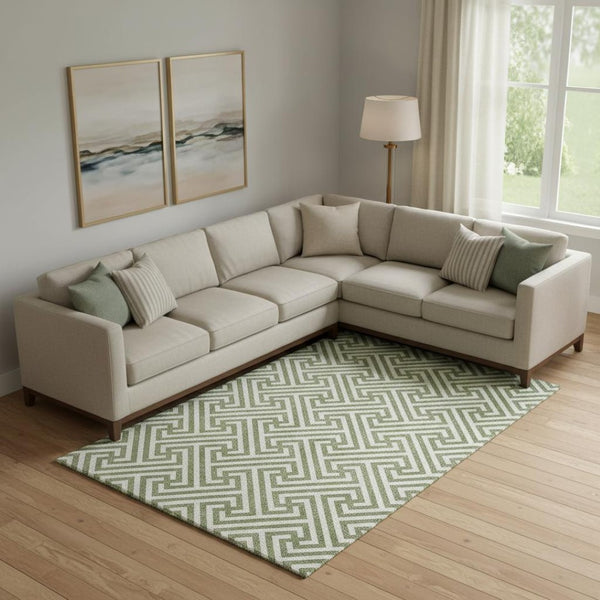 HomeRoots 10' X 14' Green Beige Geometric Washable Area Rug - UV Protected, Soft, Stain-Resistant & Durable! 661809