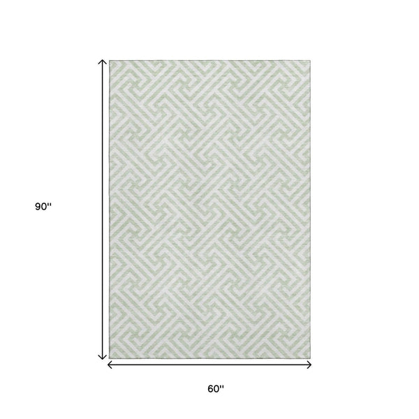 HomeRoots 5' X 8' Stylish Mint Green & Ivory Geometric Area Rug - Washable, UV-Protected, Durable Design! 661823