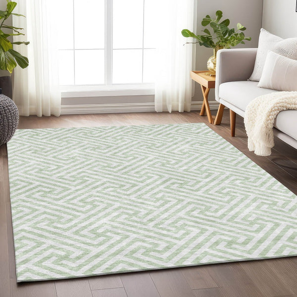 HomeRoots 8' X 10' Modern Mint Green & Ivory Geometric Area Rug with UV Protection - Washable & Stain-Resistant! 661825