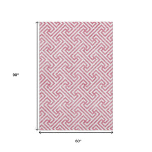 HomeRoots 5' X 8' Pink and Ivory Geometric Rug - Durable, Washable, UV-Protected for Kids & Pets, Stylish Décor 661835
