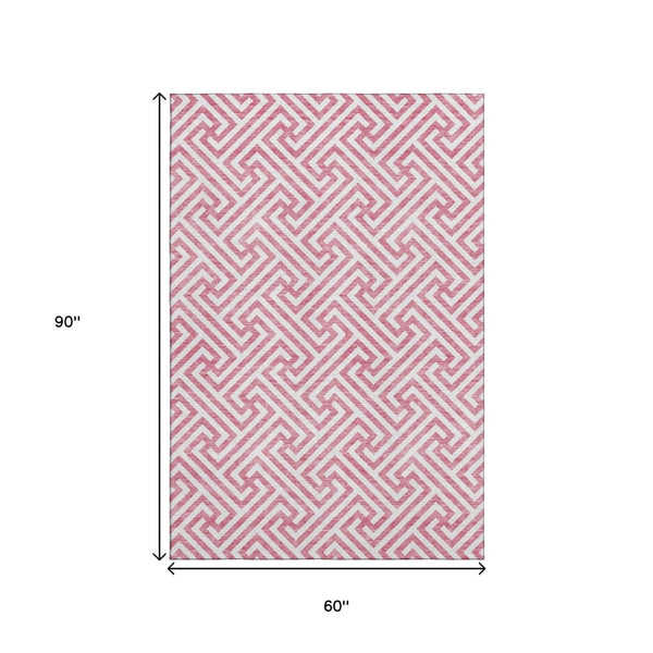 HomeRoots 5' X 8' Pink and Ivory Geometric Rug - Durable, Washable, UV-Protected for Kids & Pets, Stylish Décor 661835