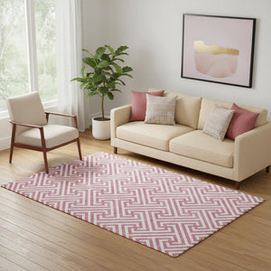 HomeRoots 5' X 8' Pink and Ivory Geometric Rug - Durable, Washable, UV-Protected for Kids & Pets, Stylish Décor 661835