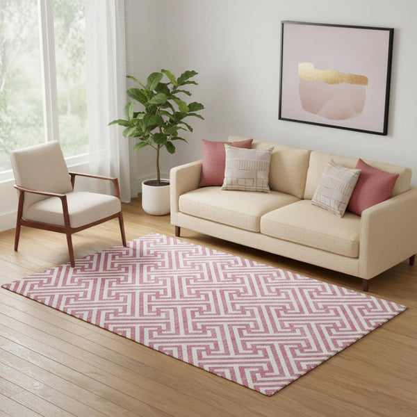HomeRoots 5' X 8' Pink and Ivory Geometric Rug - Durable, Washable, UV-Protected for Kids & Pets, Stylish Décor 661835