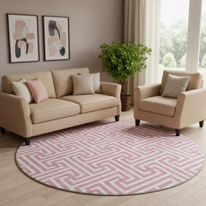 HomeRoots 8' Contemporary Pink and Ivory Geometric Washable Round Rug with UV Protection for Busy Homes 661836