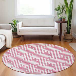HomeRoots 8' Contemporary Pink and Ivory Geometric Washable Round Rug with UV Protection for Busy Homes 661836