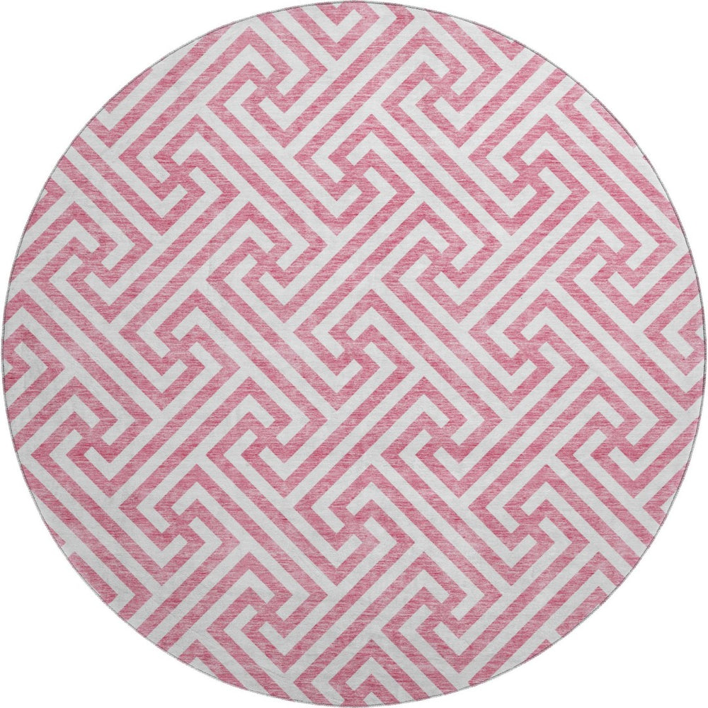 HomeRoots 8' Contemporary Pink and Ivory Geometric Washable Round Rug with UV Protection for Busy Homes 661836