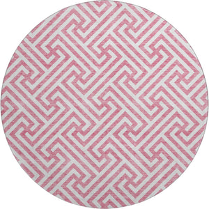 HomeRoots 8' Contemporary Pink and Ivory Geometric Washable Round Rug with UV Protection for Busy Homes 661836