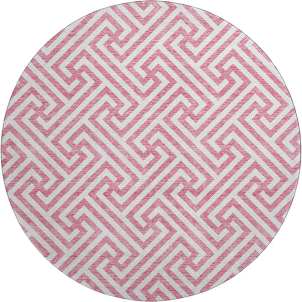 HomeRoots 8' Contemporary Pink and Ivory Geometric Washable Round Rug with UV Protection for Busy Homes 661836