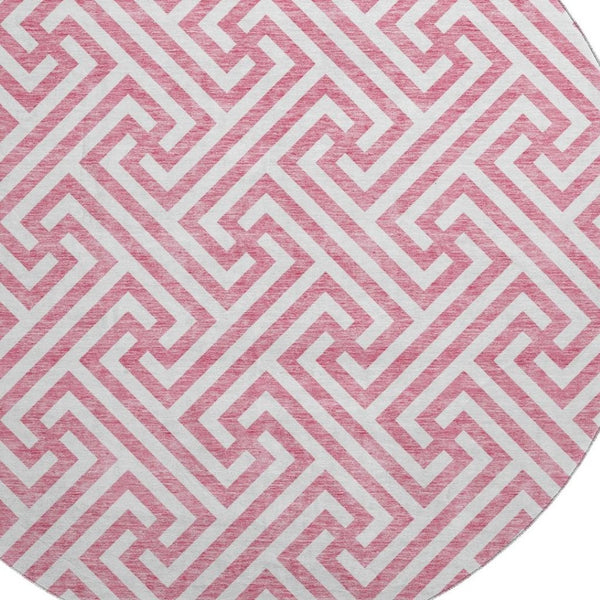 HomeRoots 8' Contemporary Pink and Ivory Geometric Washable Round Rug with UV Protection for Busy Homes 661836