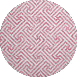 HomeRoots 8' Contemporary Pink and Ivory Geometric Washable Round Rug with UV Protection for Busy Homes 661836