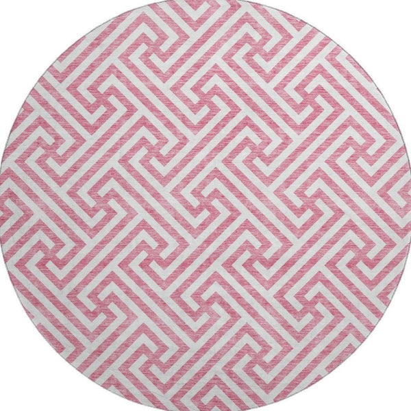 HomeRoots 8' Contemporary Pink and Ivory Geometric Washable Round Rug with UV Protection for Busy Homes 661836