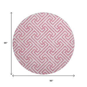 HomeRoots 8' Contemporary Pink and Ivory Geometric Washable Round Rug with UV Protection for Busy Homes 661836