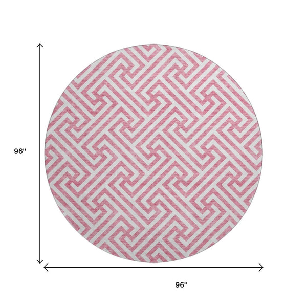 HomeRoots 8' Contemporary Pink and Ivory Geometric Washable Round Rug with UV Protection for Busy Homes 661836