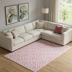 HomeRoots 9' X 12' Pink and Ivory Geometric Area Rug - Washable, UV Resistant, Perfect for Busy Homes & Kids! 661838