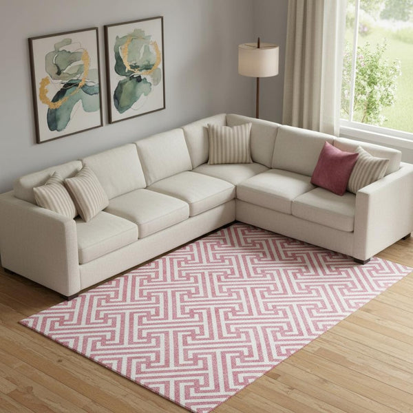 HomeRoots 9' X 12' Pink and Ivory Geometric Area Rug - Washable, UV Resistant, Perfect for Busy Homes & Kids! 661838