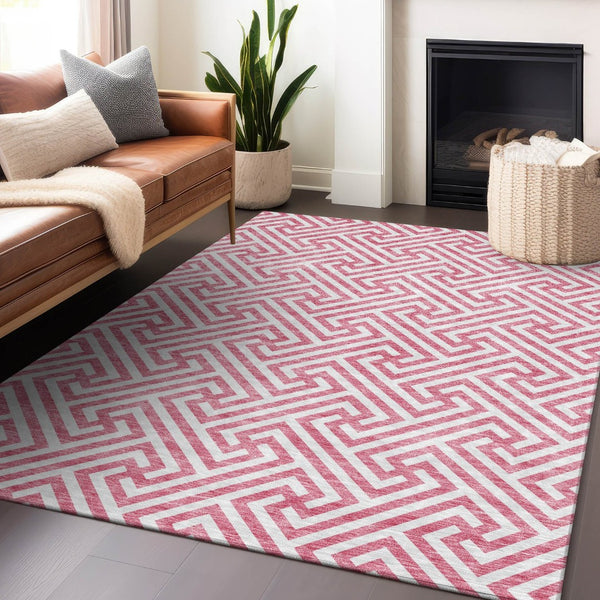 HomeRoots 10' X 14' Pink Geometric Area Rug – Washable, UV Protected & Stain-Resistant for Family Spaces 661839