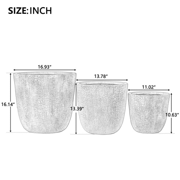 English Elm U_style Mgo Round Planters Set of Three Crackle Stone Texture Patio Garden Pots Beige N711P406660A