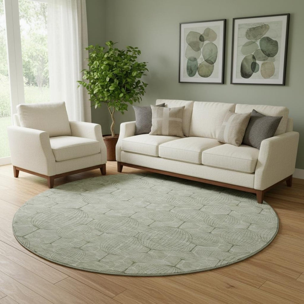 HomeRoots 8' Artichoke Green & Ivory Geometric Washable Round Rug – Durable, Stain-Resistant, UV Protected! 661866