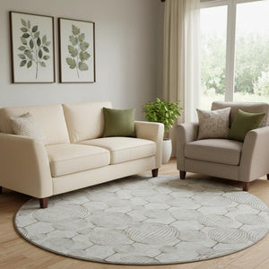 HomeRoots 8' Beige and Brown Geometric Washable Round Rug – Durable, UV-Protected, Easy-Care for Families 661872