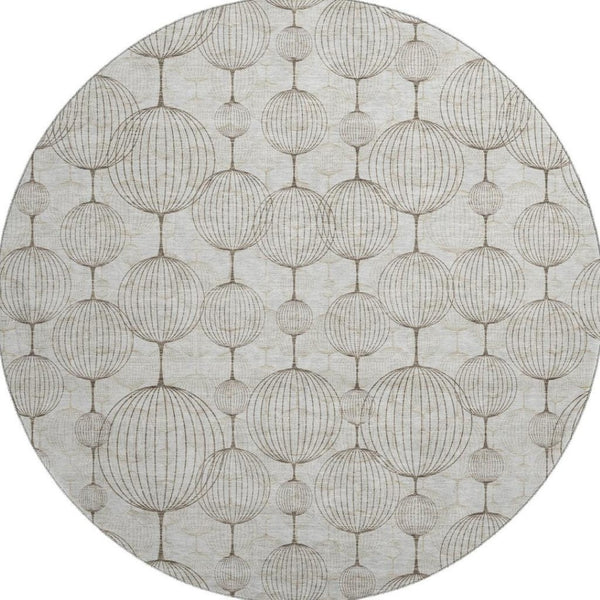 HomeRoots 8' Beige and Brown Geometric Washable Round Rug – Durable, UV-Protected, Easy-Care for Families 661872