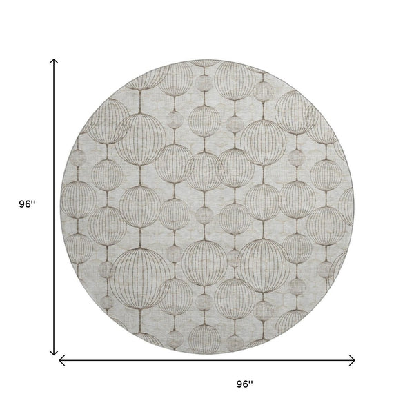 HomeRoots 8' Beige and Brown Geometric Washable Round Rug – Durable, UV-Protected, Easy-Care for Families 661872