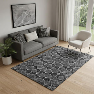 HomeRoots 5' Black and Ivory Geometric Area Rug - Washable, UV Protected, Soft, and Stain Resistant for Homes 661877
