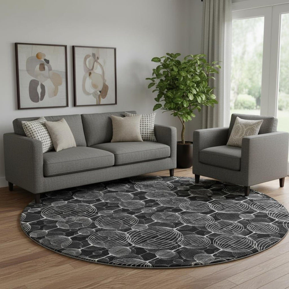 HomeRoots 8' Black And Ivory Geometric Washable Round Rug – Durable, Stain-Resistant, UV-Protected, Stylish Décor! 661878