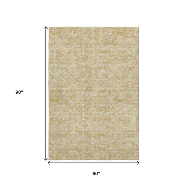 HomeRoots 5' Geometric Washable Area Rug in Gold and Ivory - UV Protected, Stylish, and Durable for Homes 661889