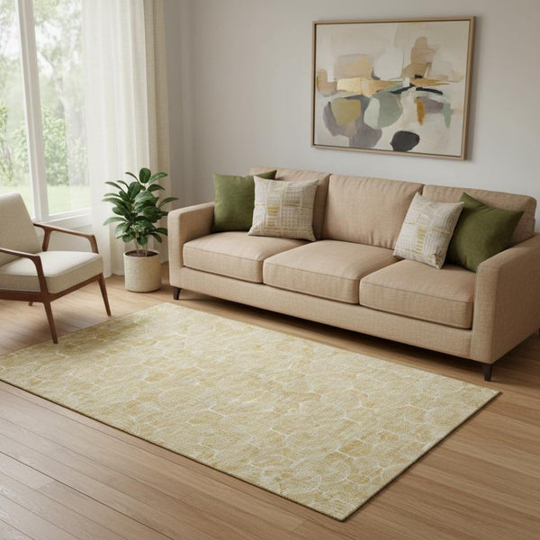 HomeRoots 5' Geometric Washable Area Rug in Gold and Ivory - UV Protected, Stylish, and Durable for Homes 661889