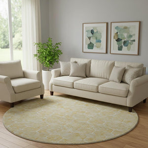 HomeRoots 8' Gold And Ivory Geometric Round Rug - Washable, UV Protected, Durable, Perfect for High-Traffic Areas 661890