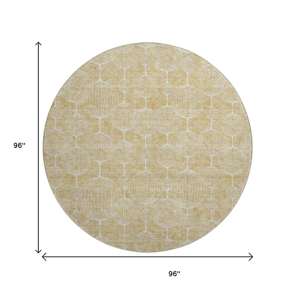 HomeRoots 8' Gold And Ivory Geometric Round Rug - Washable, UV Protected, Durable, Perfect for High-Traffic Areas 661890