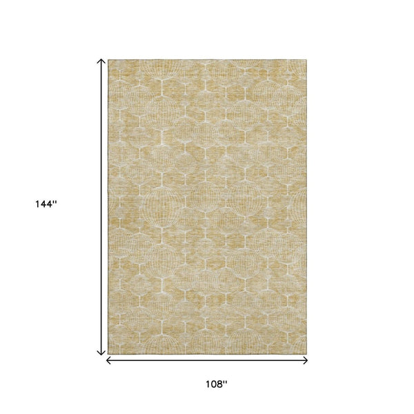 HomeRoots 9' X 12' Gold And Ivory Geometric Area Rug - Washable, Stain-Resistant with UV Protection & Modern Design 661892