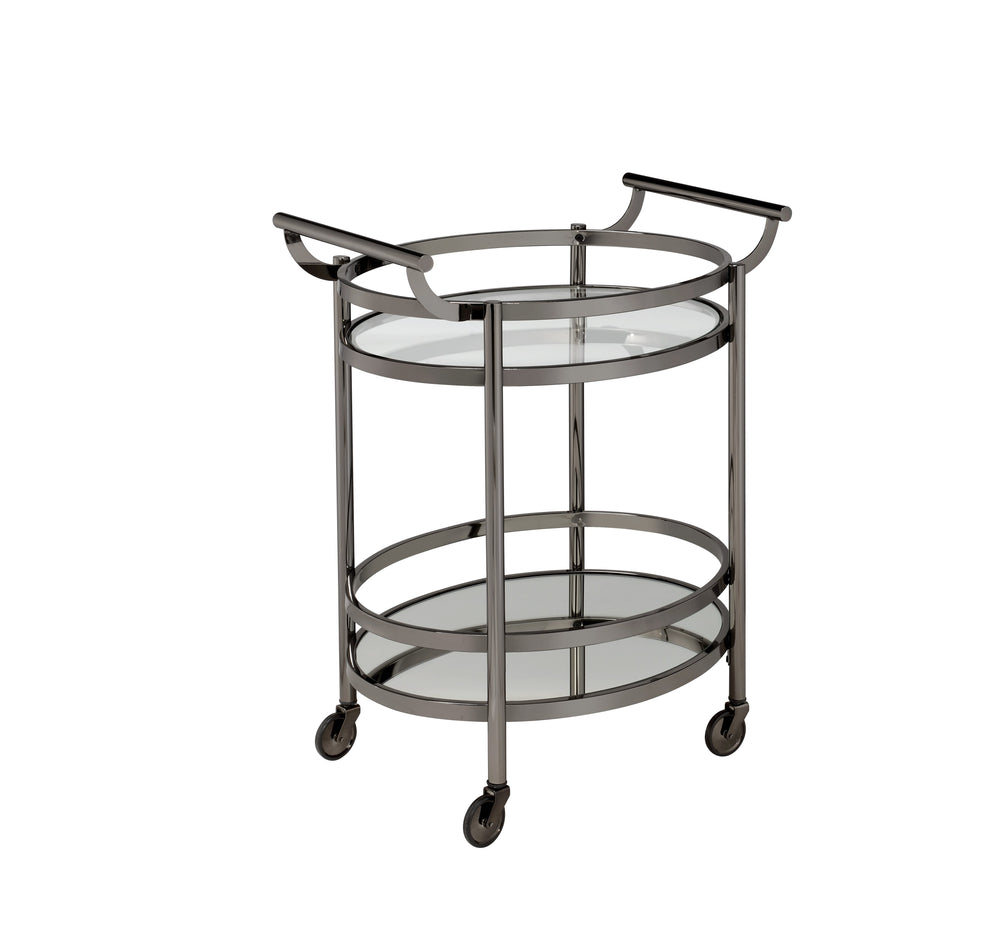 English Elm Lakelyn Oval Clear Tempered Glass Serving Cart with Black Nickel Frame, Mirror Base & Casters - Stylish Mobile Bar Cart, 25"x19" Shelves B2726P296468